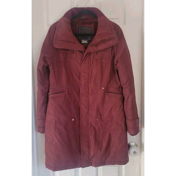 Aritzia TNA Verbier Parka Jacket Womens Size L Maroon Faux Fur Lined